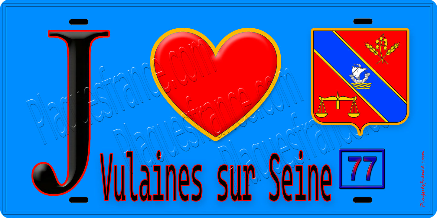 Plaque métal décorative  J' ❤️Vulaines-sur-Seine, Seine et Marne (77) fond bleu