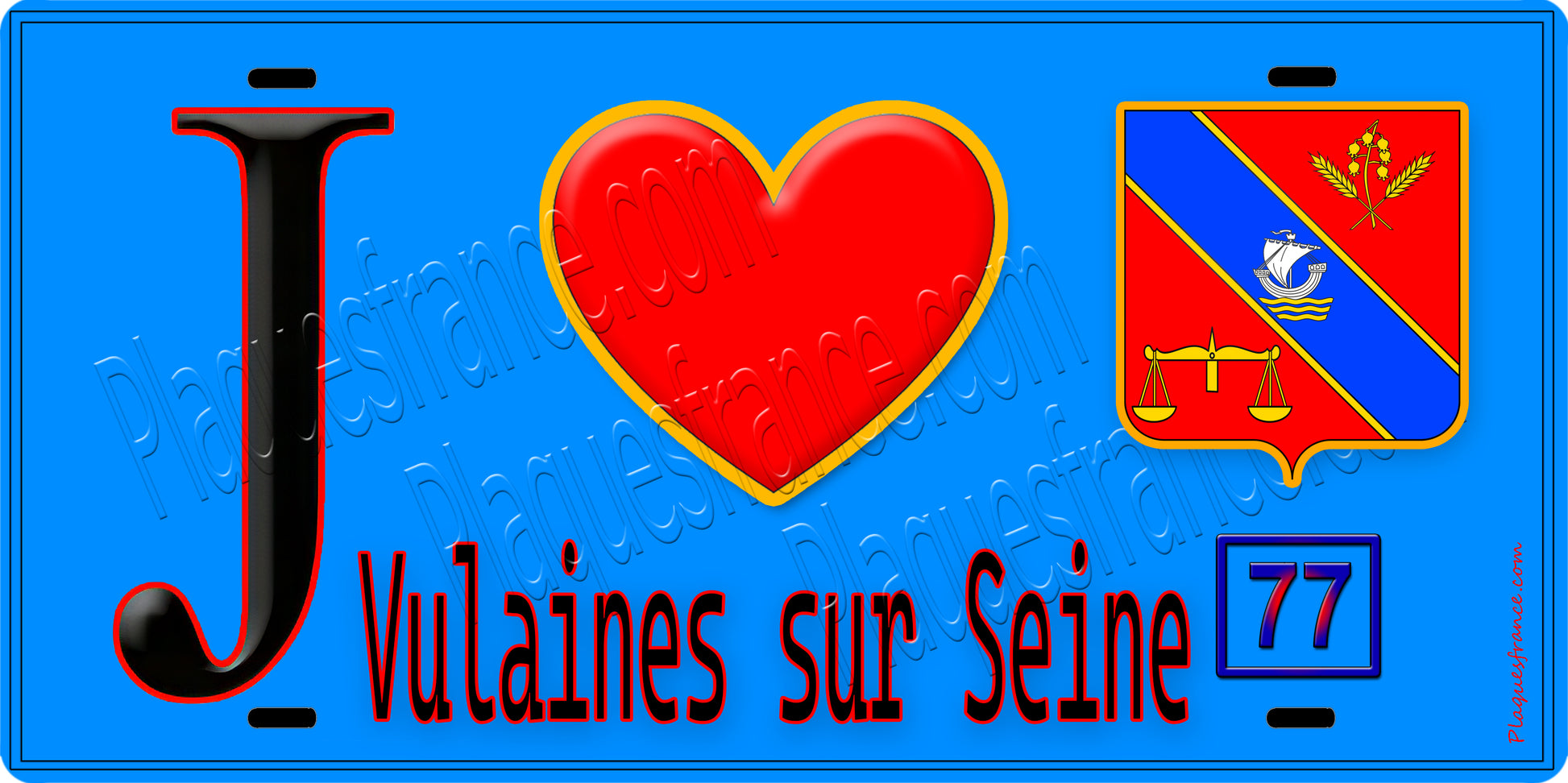Plaque métal décorative  J' ❤️Vulaines-sur-Seine, Seine et Marne (77) fond bleu