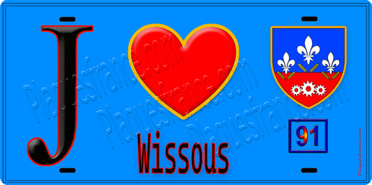 Plaque métal décorative  J' ❤️Wissous, Essonne (91) fond bleu