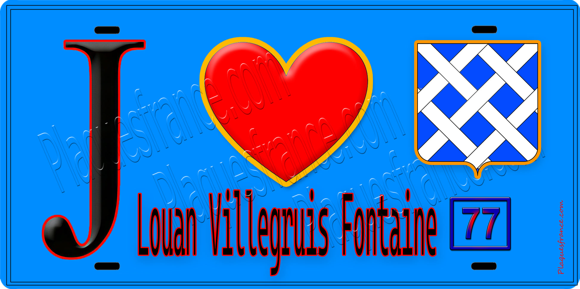 Plaque métal décorative  J' ❤️Louan-Villegruis-Fontaine, Seine et Marne (77) fond bleu