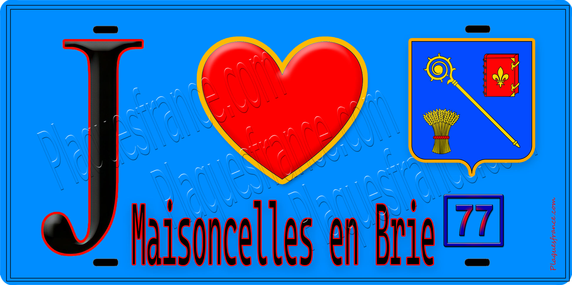 Plaque métal décorative  J' ❤️Maisoncelles-en-Brie, Seine et Marne (77) fond bleu