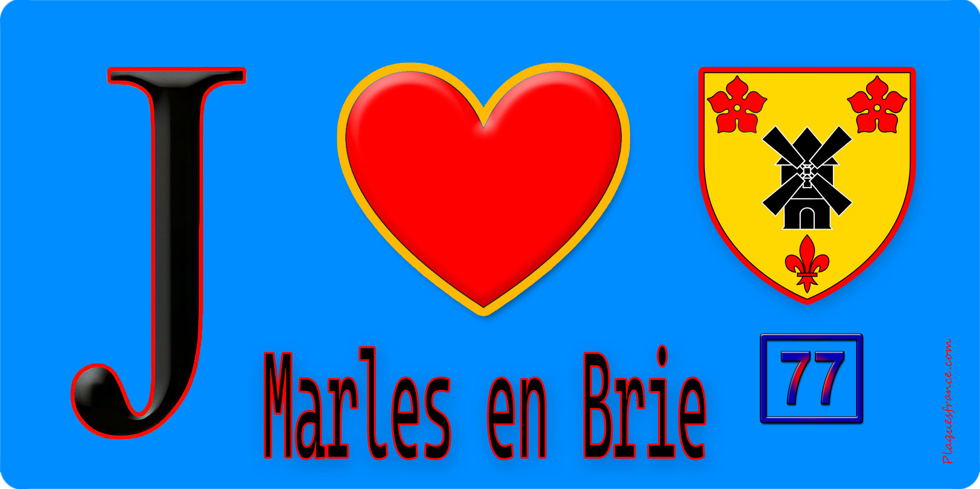 Plaque métal décorative  J' ❤️Marles-en-Brie, Seine et Marne (77) fond bleu