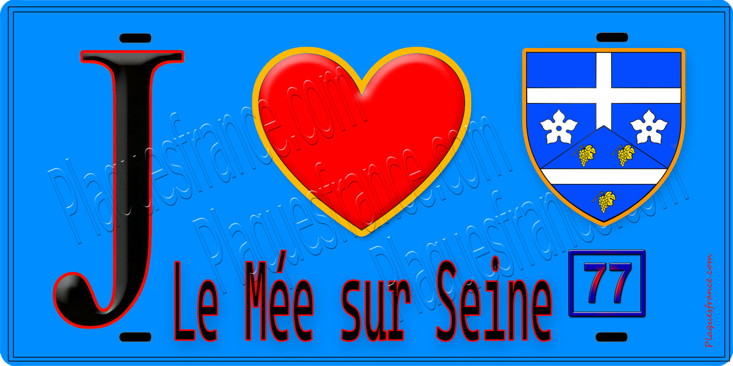 Plaque métal décorative  J' ❤️Le Mée-sur-Seine, Seine et Marne (77) fond bleu