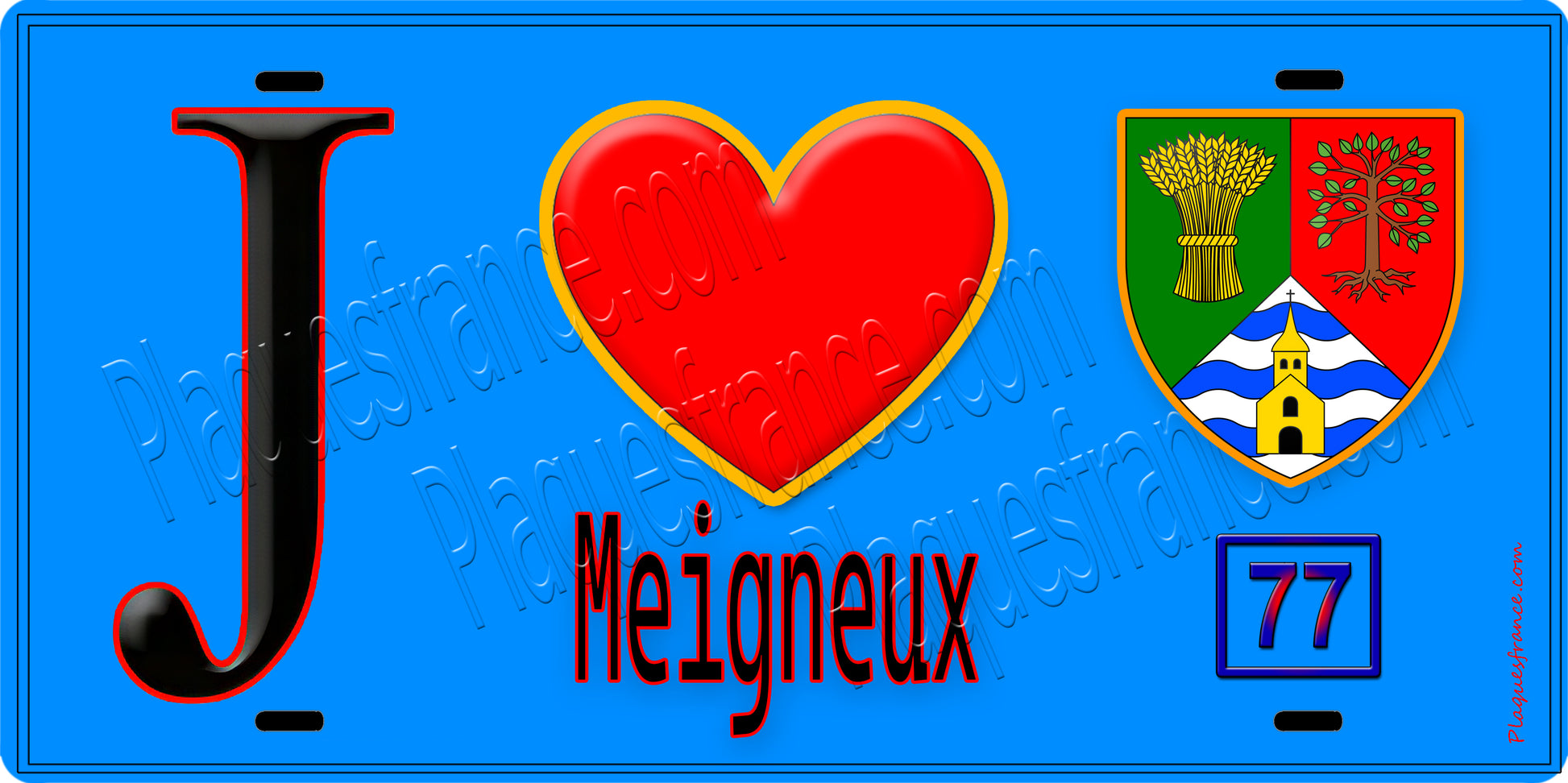 Plaque métal décorative  J' ❤️Meigneux, Seine et Marne (77) fond bleu