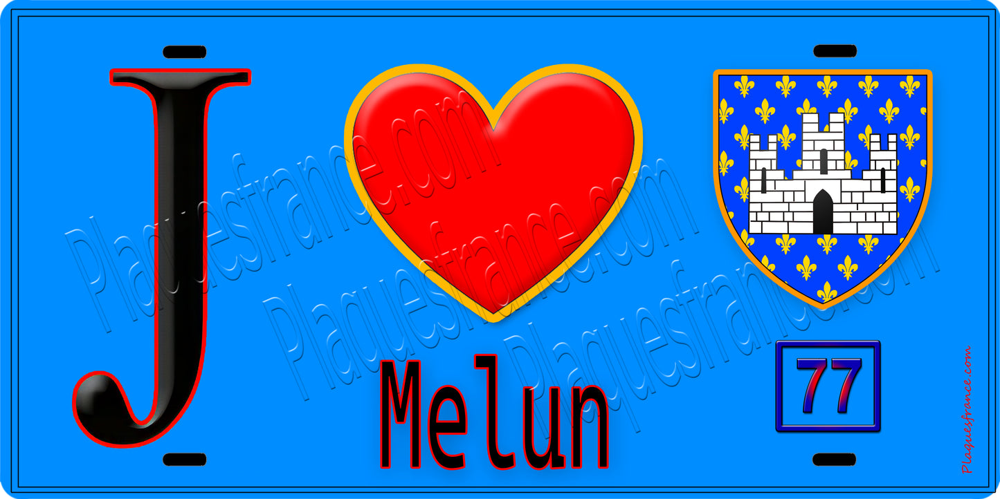 Plaque métal décorative  J' ❤️Melun, Seine et Marne (77) fond bleu