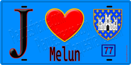 Plaque métal décorative  J' ❤️Melun, Seine et Marne (77) fond bleu