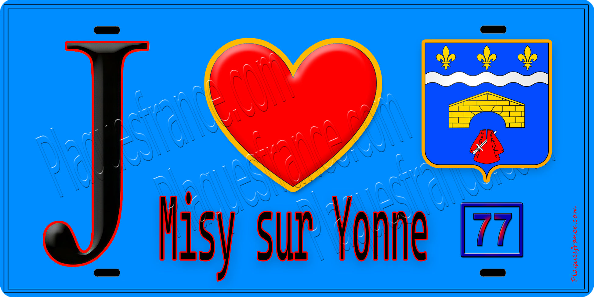Plaque métal décorative  J' ❤️Misy-sur-Yonne, Seine et Marne (77) fond bleu