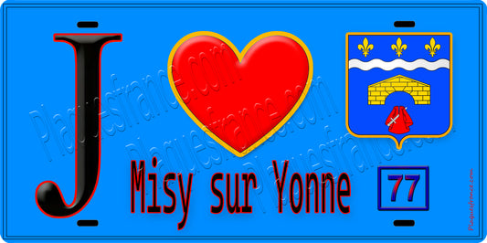Plaque métal décorative  J' ❤️Misy-sur-Yonne, Seine et Marne (77) fond bleu