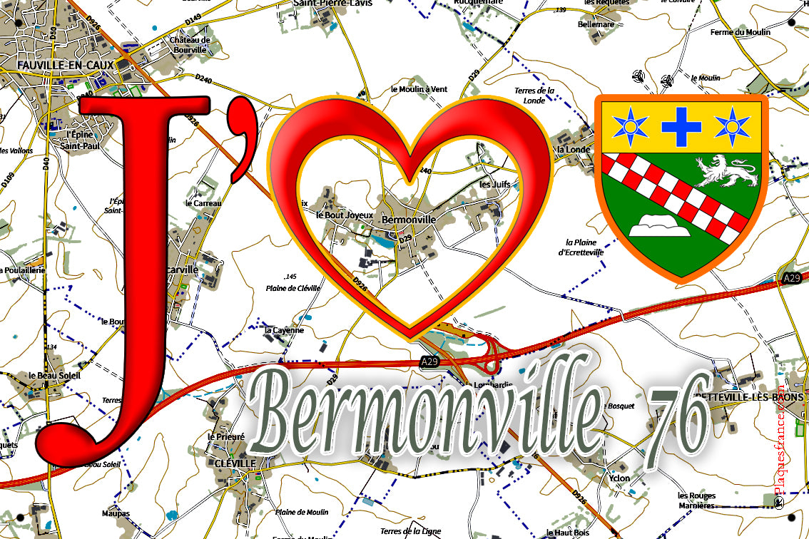 Plaque métal décorative 20 cm x 30 cm  J' ❤️ Bermonville, Seine Maritime (76)