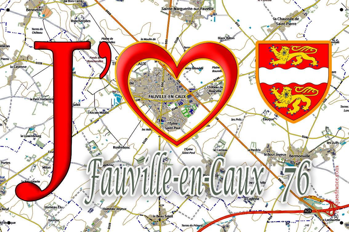 Plaque métal décorative 20 cm  X 30 cm J' ❤️ Fauville-en-Caux, Seine Maritime (76)