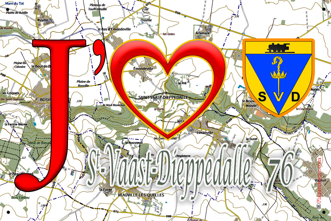 Plaque métal décorative 20 cm x 30 cm J' ❤️ Saint-Vaast-Dieppedalle, Seine Maritime (76)