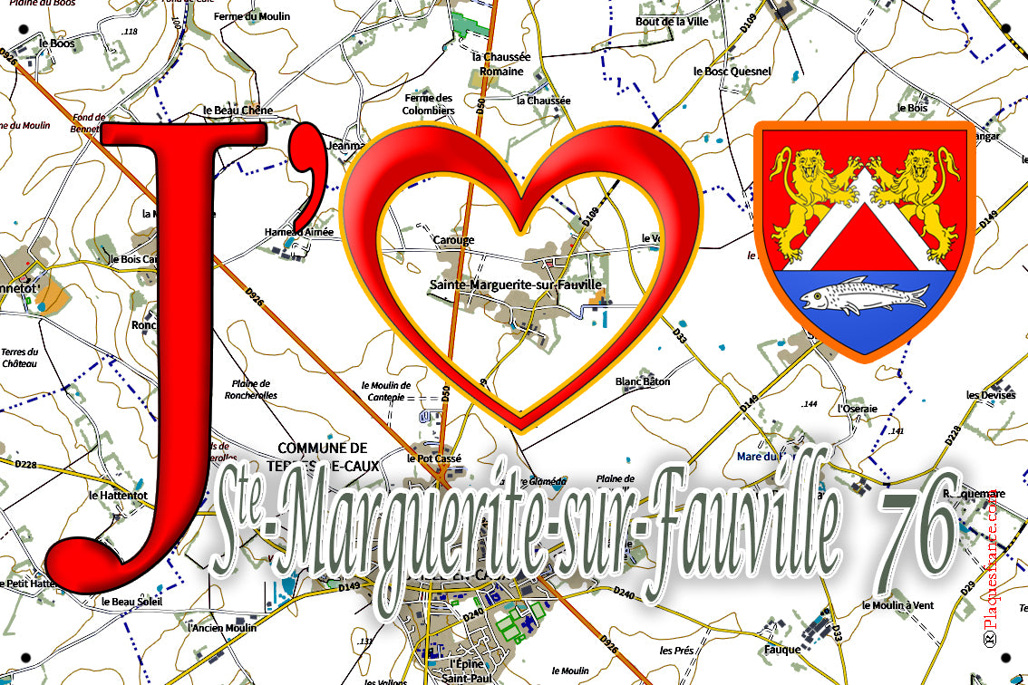 Plaque métal décorative 20 cm x 30 cm  J' ❤️ Sainte-Marguerite-sur-Fauville, Seine Maritime (76)
