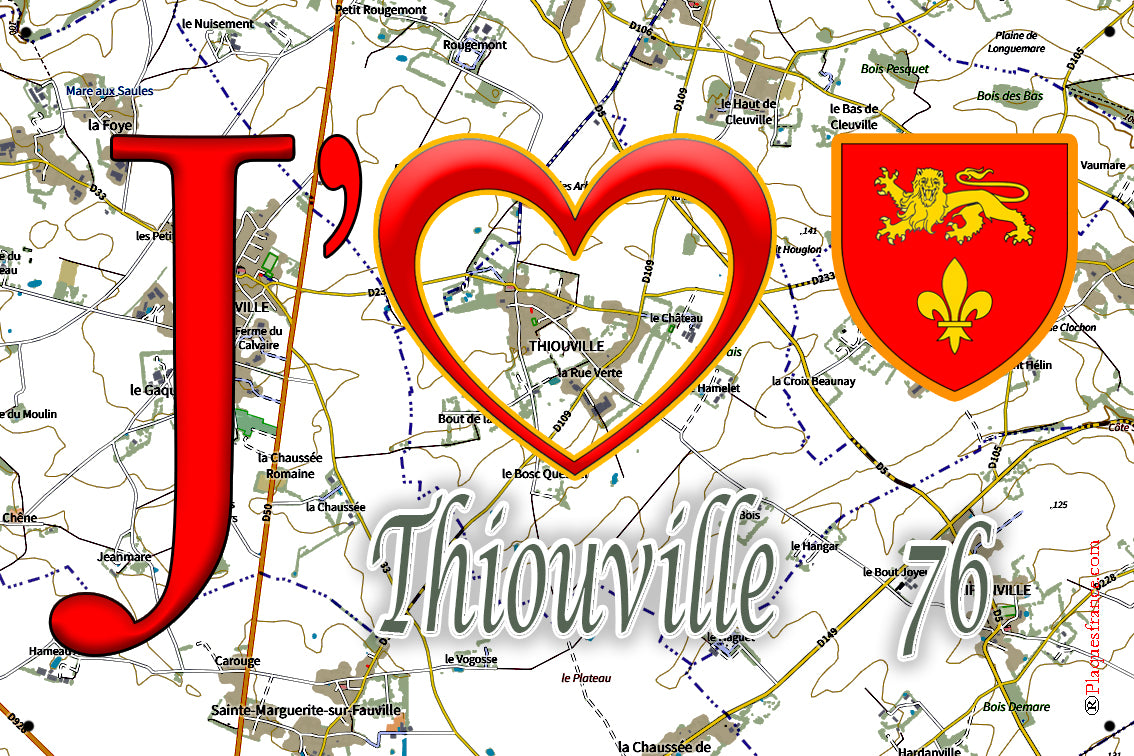 Plaque métal décorative 20 cm x 30 cm  J' ❤️ Thiouville, Seine Maritime (76)