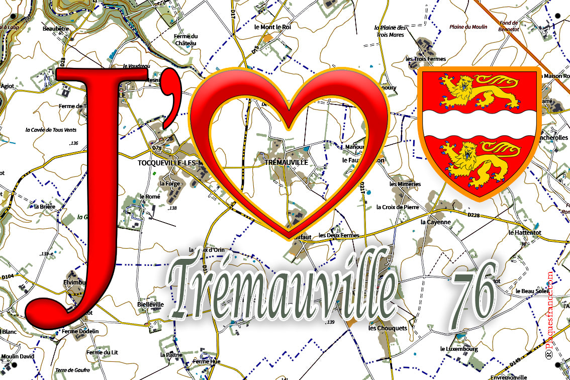 Plaque métal décorative 20 cm x 30 cm J' ❤️ Trémauville, Seine Maritime (76)