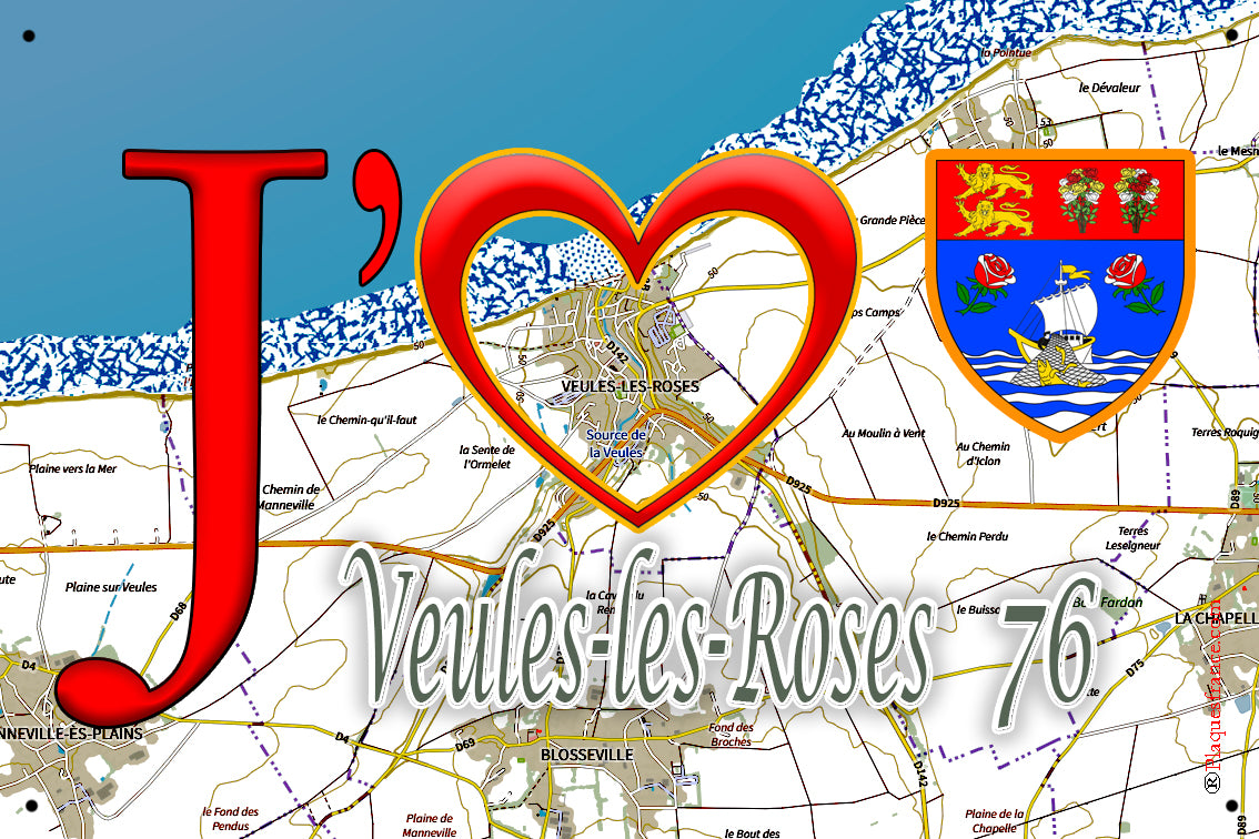 Plaque métal décorative 20 cm x 30 cm J' ❤️ Veules-les-Roses, Seine Maritime (76)