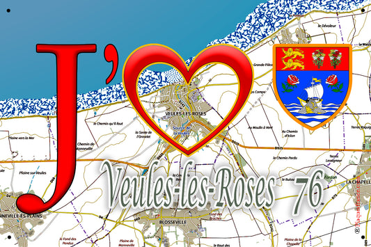 Plaque métal décorative 20 cm x 30 cm J' ❤️ Veules-les-Roses, Seine Maritime (76)