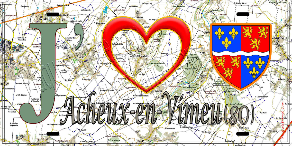 Plaque métal décorative 15X30 J' ❤️Acheux-en-Vimeu, Somme (80) géo