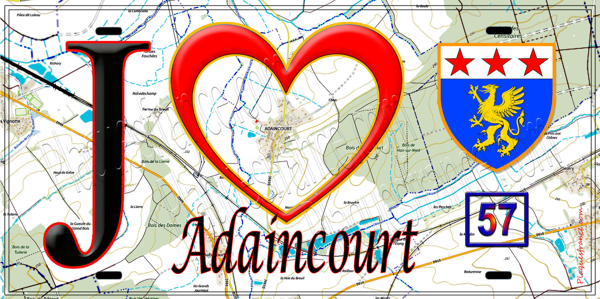 Plaque métal décorative, J'❤️ Adaincourt, Moselle (57) fond carte