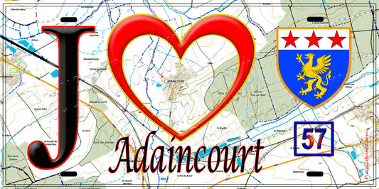 Plaque métal décorative, J'❤️ Adaincourt, Moselle (57) fond carte