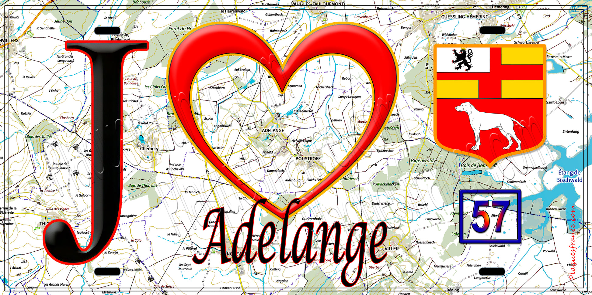 Plaque métal décorative, J'❤️ Adelange, Moselle (57) fond carte