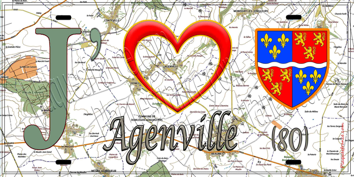 Plaque métal décorative 15X30 J' ❤️ Agenville, Somme (80)