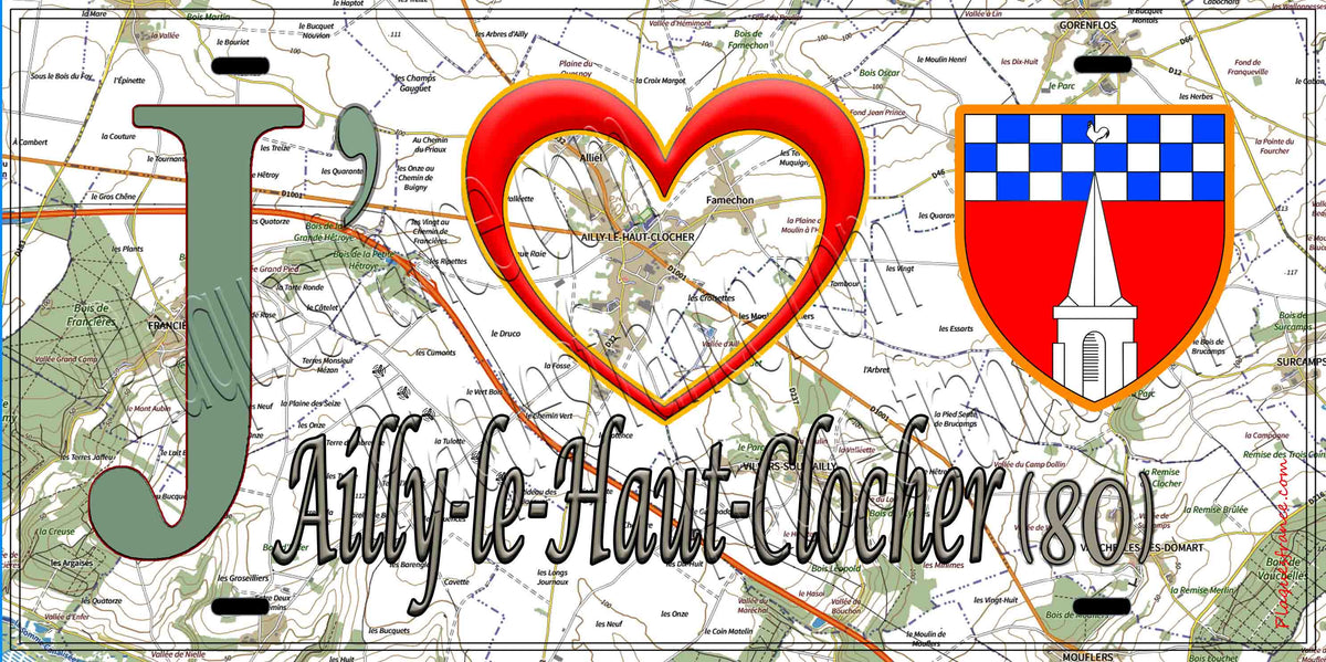Plaque métal décorative 15X30 J' ❤️ Ailly-le-Haut-Clocher, Somme (80) géo
