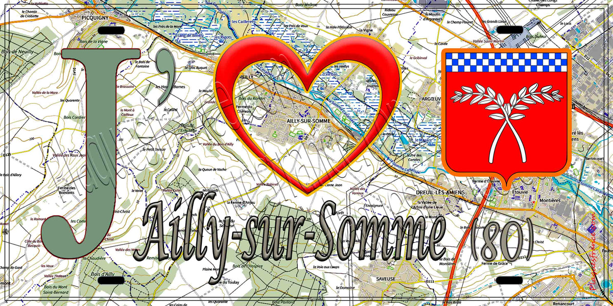 Plaque métal décorative 15X30 J' ❤️ Ailly-sur-Somme, Somme (80) géo