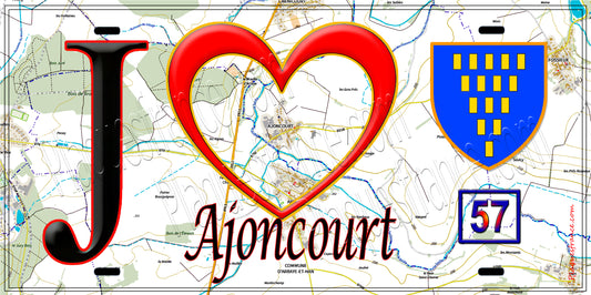 Plaque métal décorative   J'❤️ Ajoncourt, fond carte