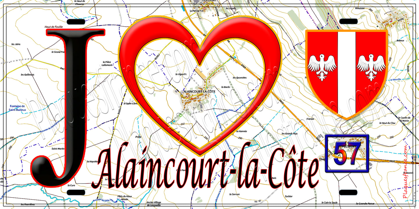 Plaque métal décorative  J' ❤️ Alaincourt la Côte, fond bleu 57
