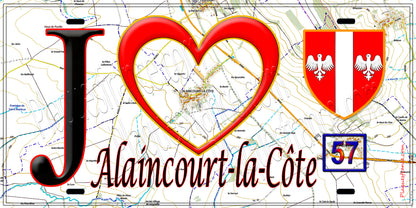 Plaque métal décorative  J' ❤️ Alaincourt la Côte, fond bleu 57