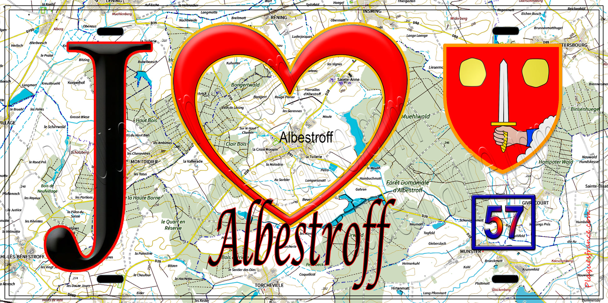 Plaque métal décorative  J' ❤️ Albestroff, Moselle 57 fond carte