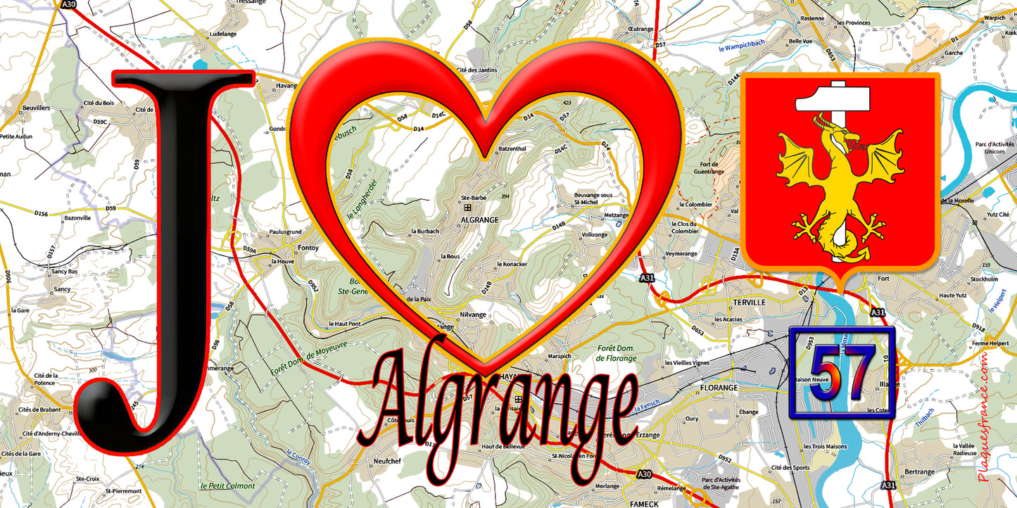 Plaque décorative J' ❤️ Algrange, Moselle 57 fond carte