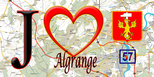 Plaque décorative J' ❤️ Algrange, Moselle 57 fond carte