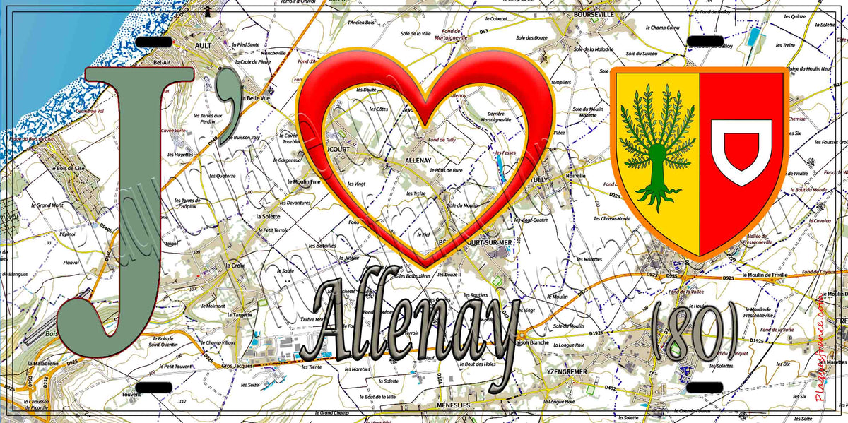 Plaque métal décorative 15X30 J' ❤️ Allenay, Somme (80)