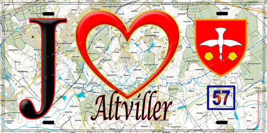 Plaque métal décorative, J'❤️Altviller, Moselle (57) fond carte