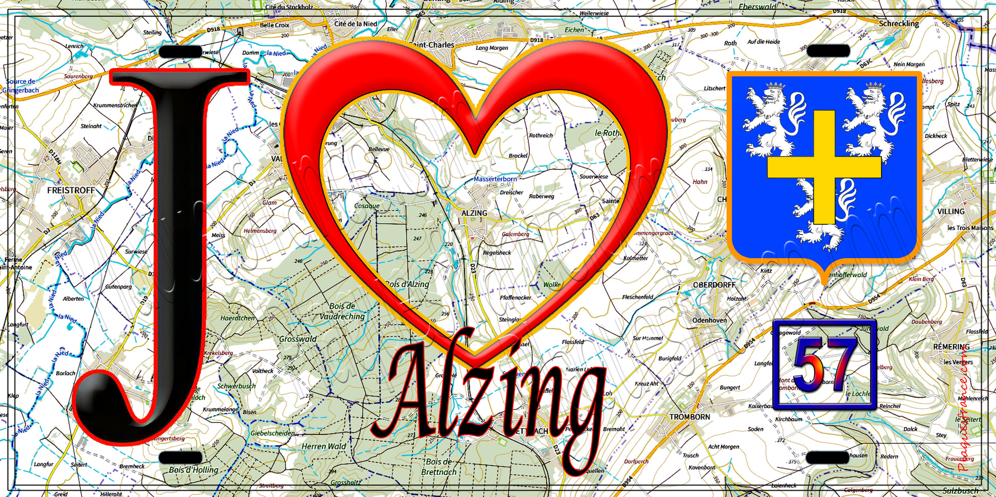 Plaque métal décorative, J'❤️ Alzing, Moselle (57) fond carte
