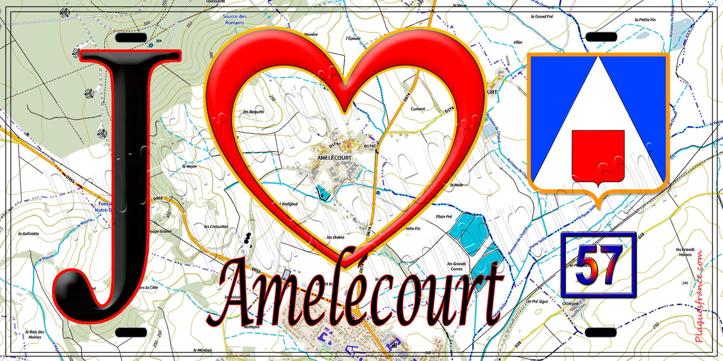 Plaque métal décorative  J' ❤️ Amelécourt, Moselle 57 fond carte