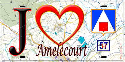 Plaque métal décorative  J' ❤️ Amelécourt, Moselle 57 fond carte