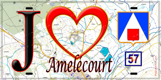 Plaque métal décorative  J' ❤️ Amelécourt, Moselle 57 fond carte