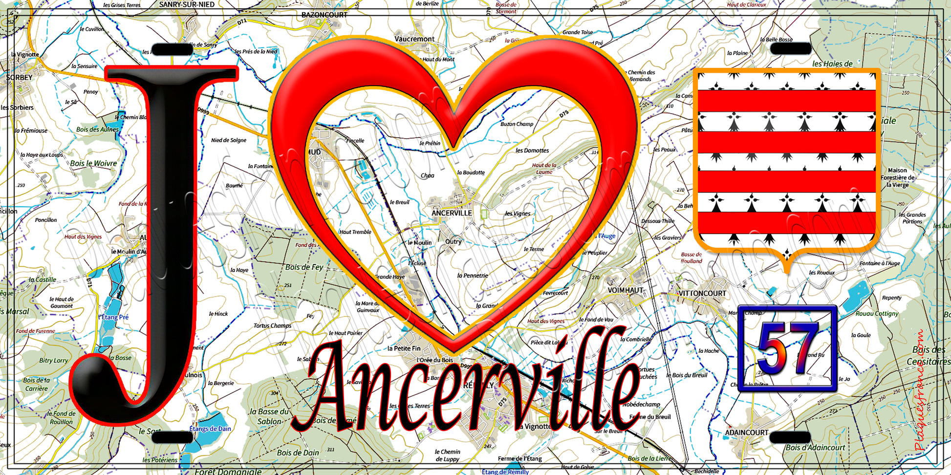 Plaque métal décorative, J'❤️ Ancerville, Moselle (57) fond carte