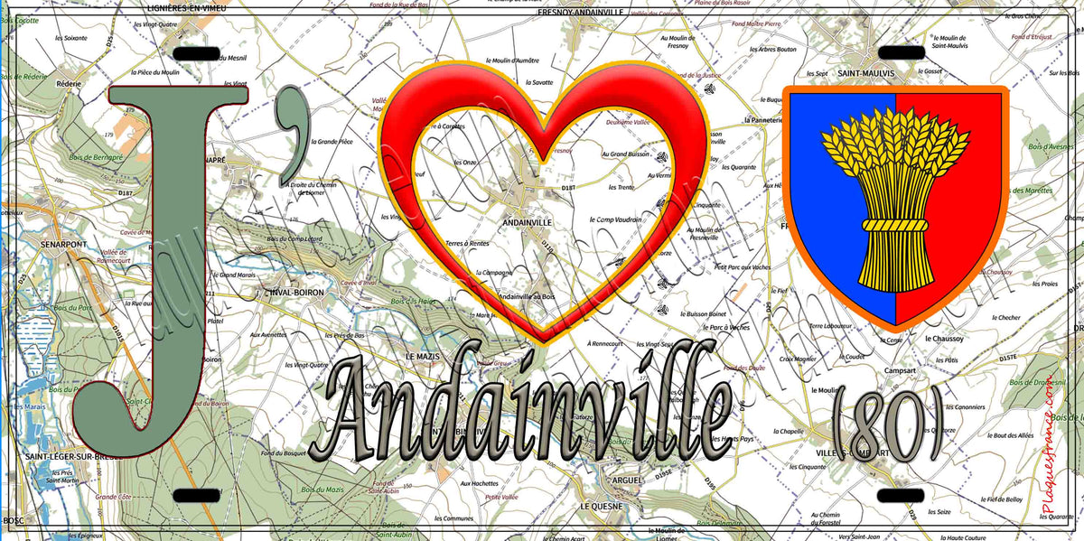 Plaque métal décorative 15X30 J' ❤️ Andainville, Somme (80) géo