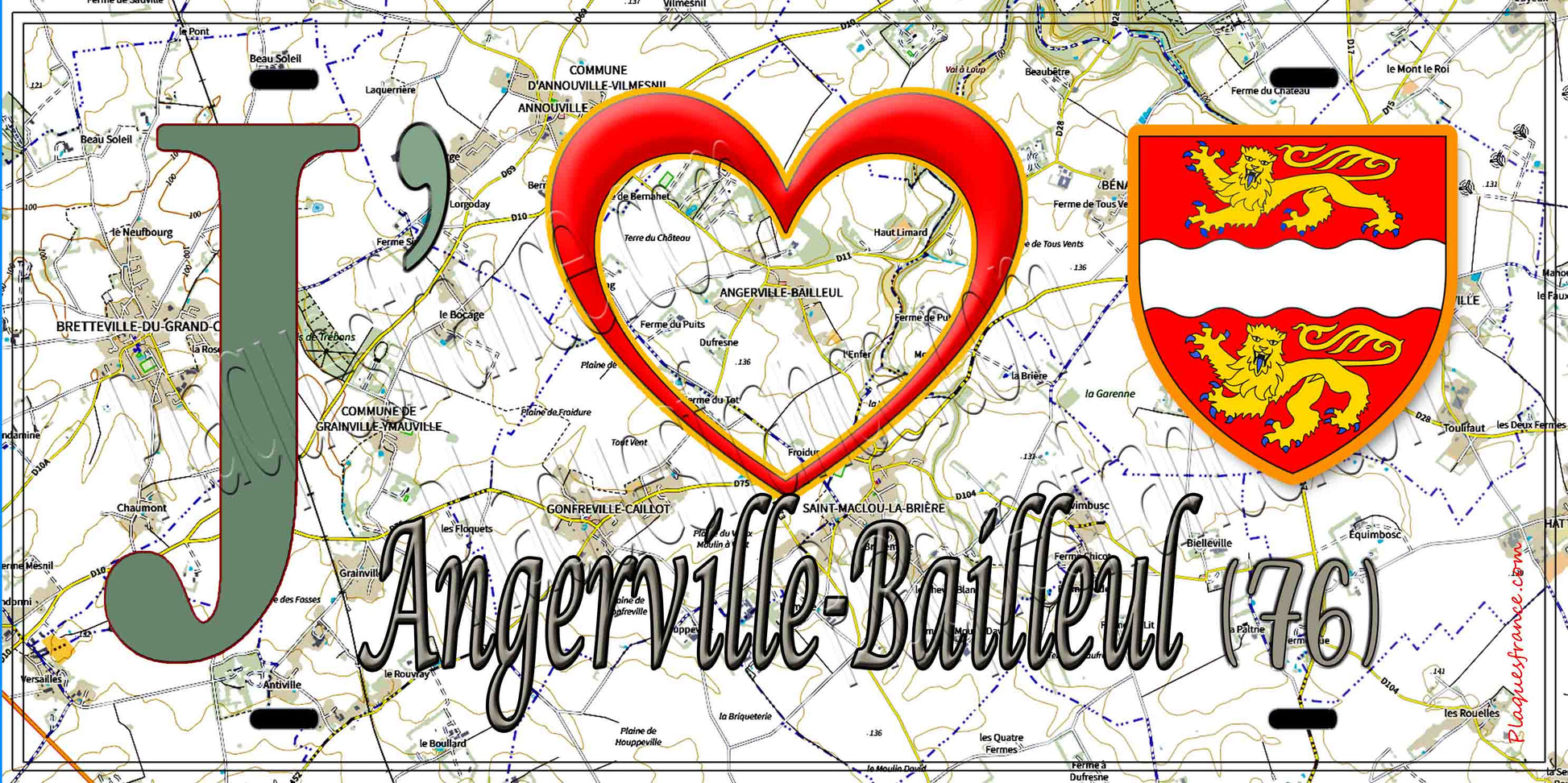 Plaque métal décorative 15X30 J' ❤️ Angerville-Bailleul, Seine Maritime (76) géo