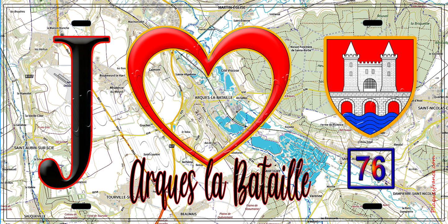 Plaque métal décorative  J' ❤️ Arques-la-Bataille, Seine Maritime (76)