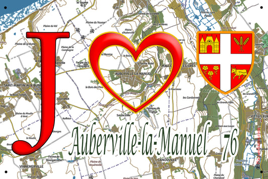 Plaque métal décorative 20 cm x 30 cm J' ❤️ Auberville-la-Manuel, Seine Maritime (76)