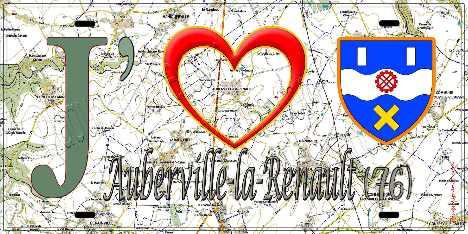 Plaque métal décorative 15X30 J' ❤️ Auberville-la-Renault, Seine Maritime (76) géo