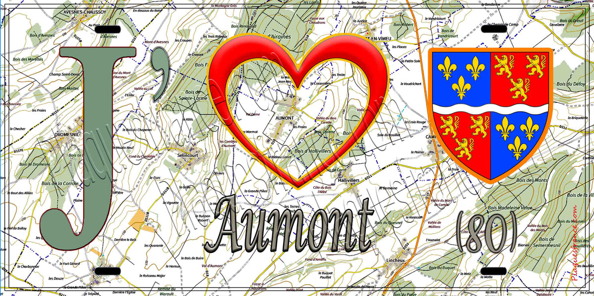 Plaque métal décorative 15X30 J' ❤️ Aumont, Somme (80) géo