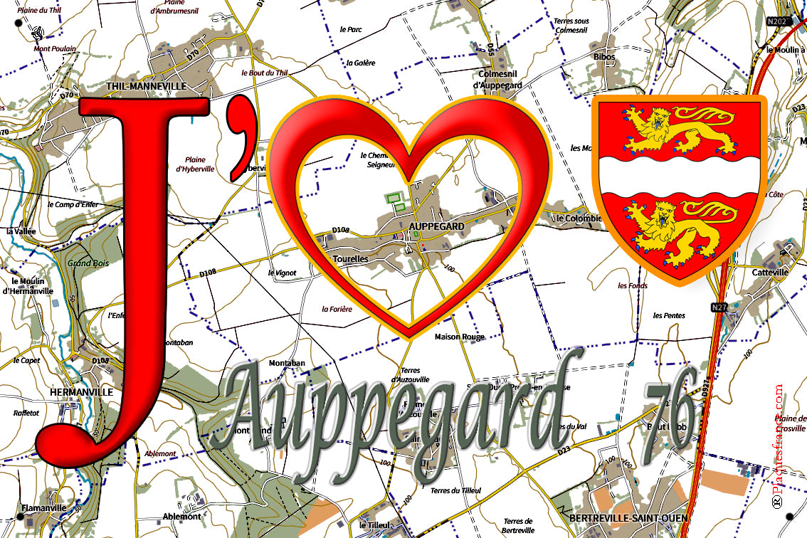 Plaque métal décorative 20 cm x 30 cm  J' ❤️ Auppegard, Seine Maritime (76)