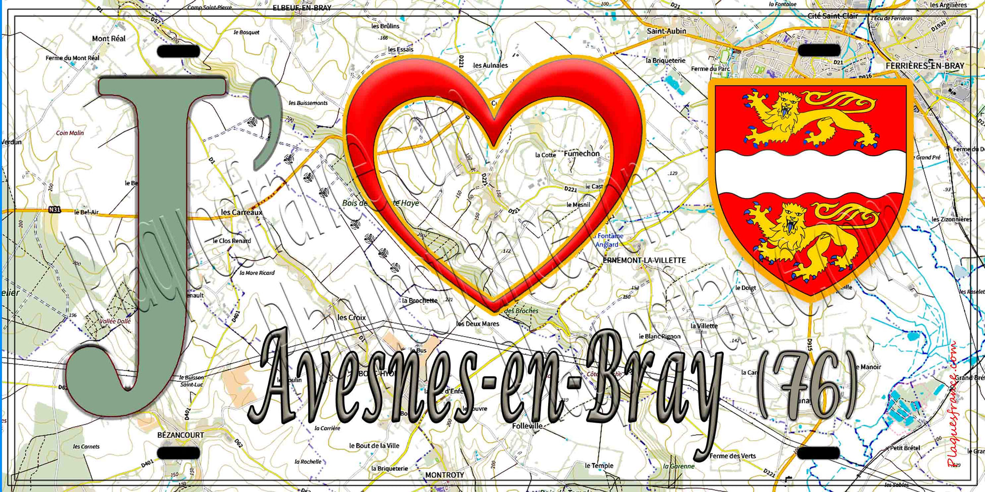 Plaque métal décorative 15X30 J' ❤️ Avesnes-en-Bray, Seine Maritime (76) géo
