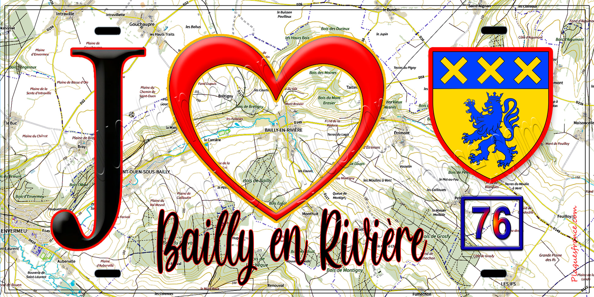 Plaque métal décorative  J' ❤️ Bailly-en-Rivière, Seine Maritime (76)