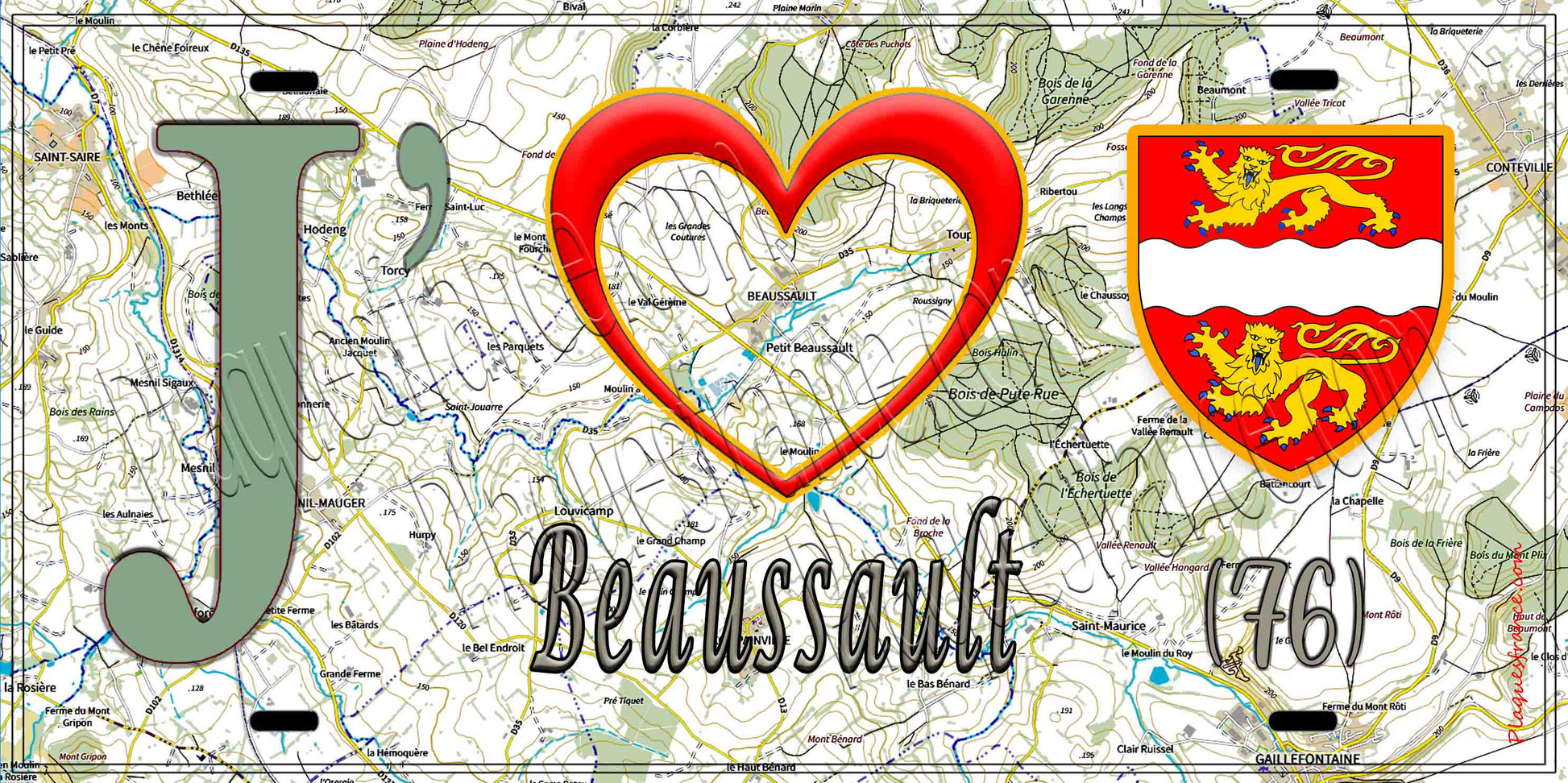 Plaque métal décorative 15X30 J' ❤️ Beaussault, Seine Maritime (76) géo